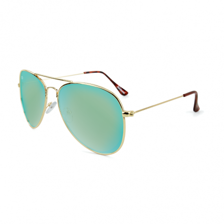 Okulary przeciwsłoneczne typu awiator w złotych oprawkach z niebieskimi soczewkami