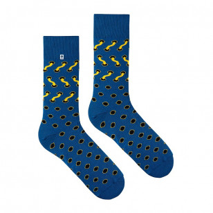 Niebieskie skarpetki 4LCK z wzorem żółtych sznurówkami - kreatywny design