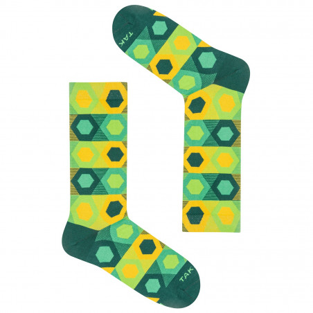 zielono-żółte skarpetki TAKAPARA w geometryczny wzór w sześciany