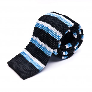 Krawat knit czarny w biało - niebieskie pasy