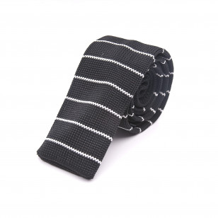 Krawat knit gładki czarny w cienkie białe paski