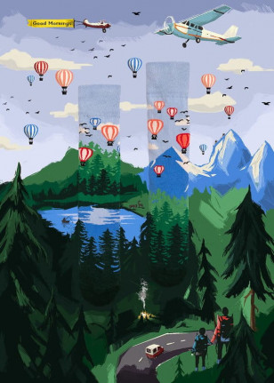 Skarpetki "Przygoda z balonami" - balony nad górami i lasem od Many Mornings