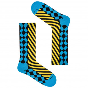 kolorowe skarpetki TAKAPARA w żółto-czarne paski i  niebiesko-czarną kratkę