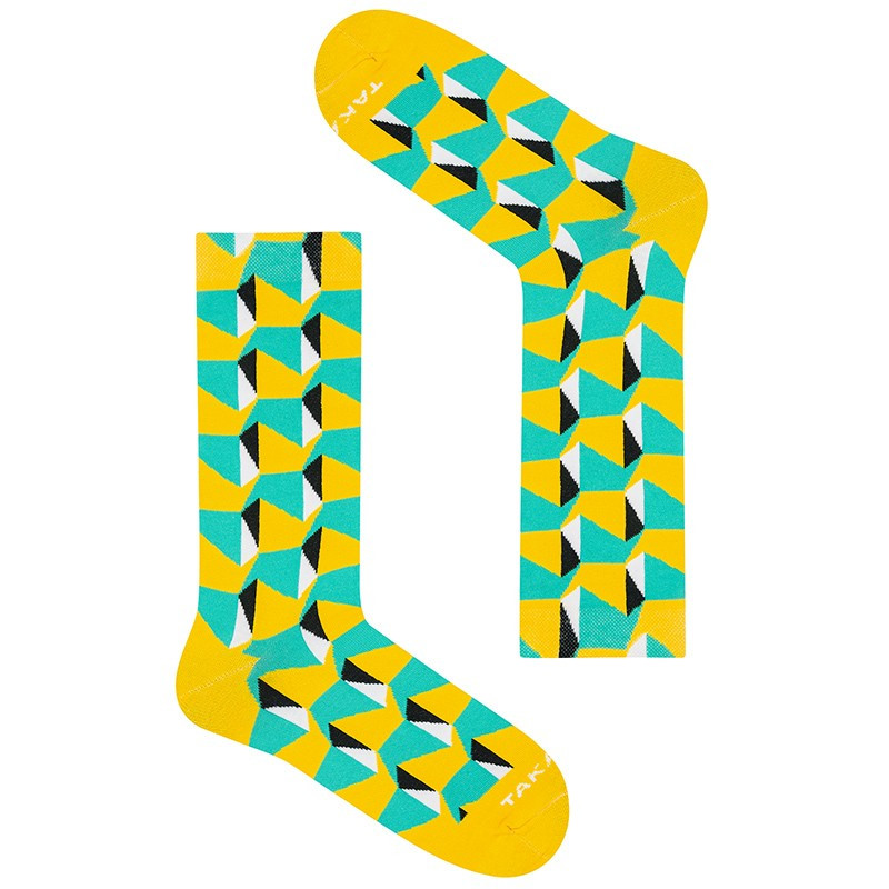 żółte skarpetki TAKAPARA w miętowe trapezy i czarne trójkąty