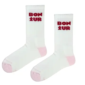 BONŻUR - białe skarpetki z bordowym napisem